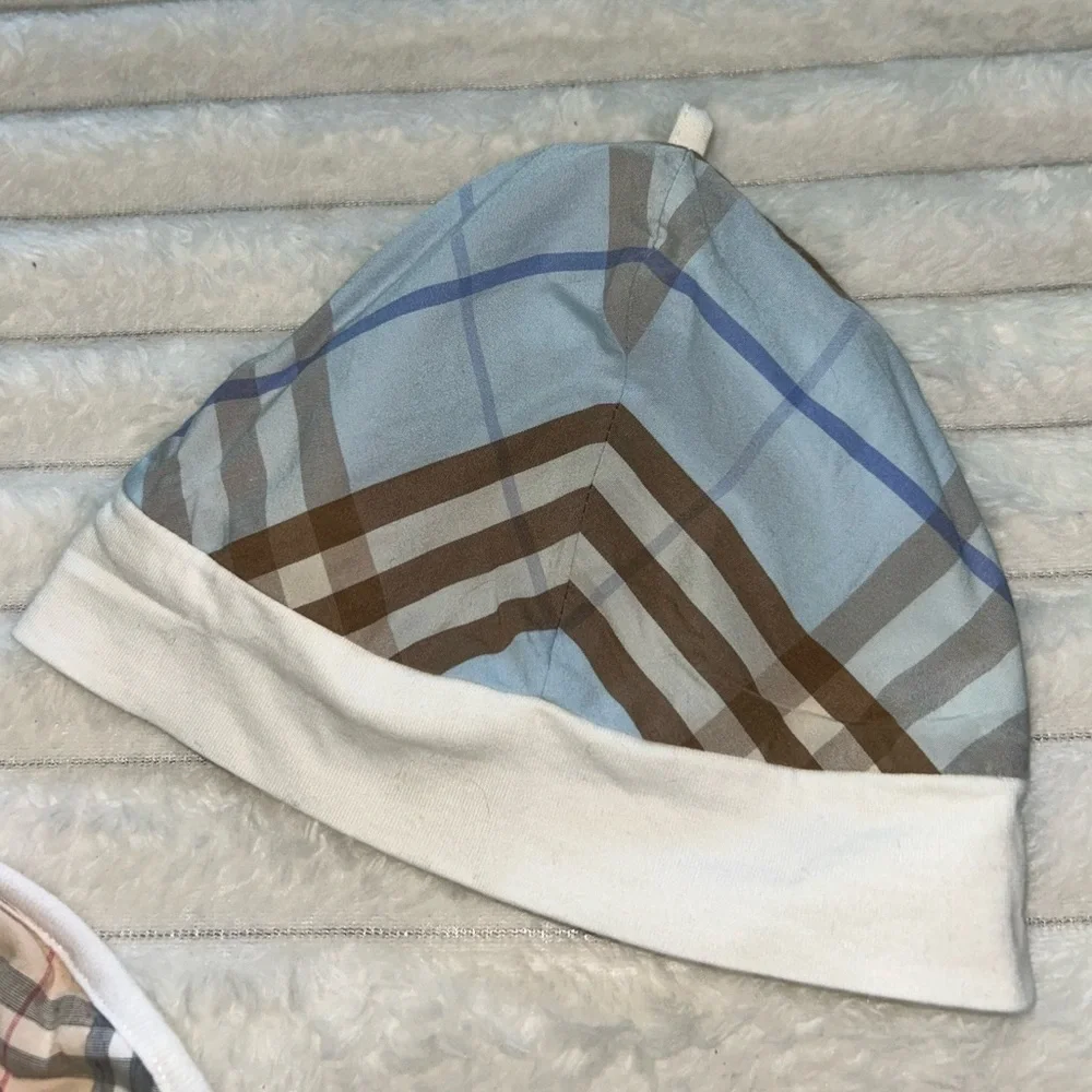 Vintage BURBERRY Baby Boy Hat & Nova Check Printed Bib- Blue/Tan Gingham Check